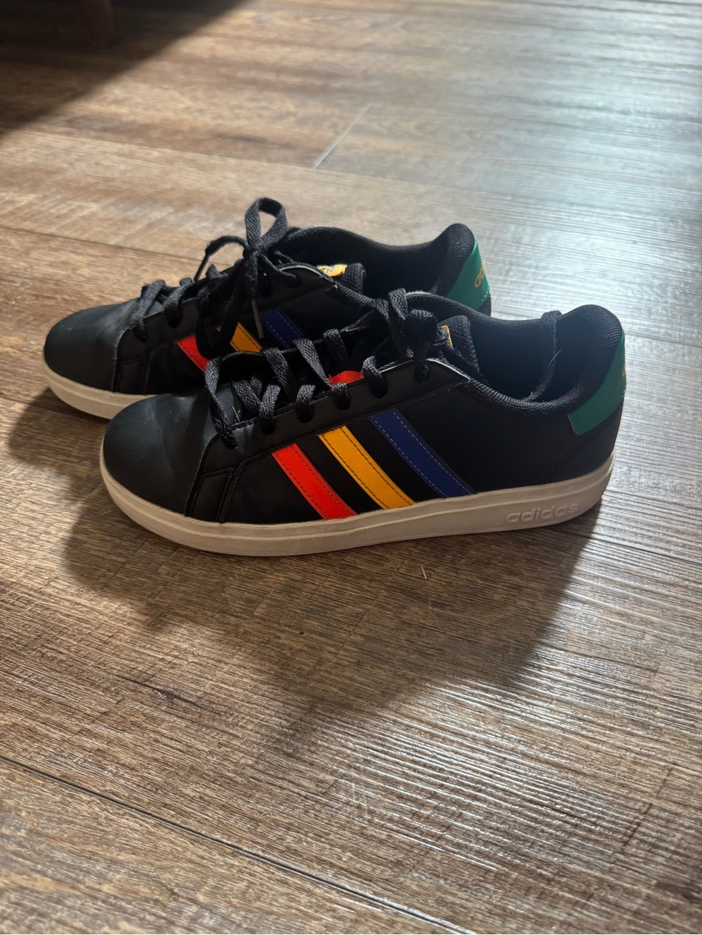 adidas Kids Black Sneakers with Red, Yellow, Blue & Green Accents, 5.5